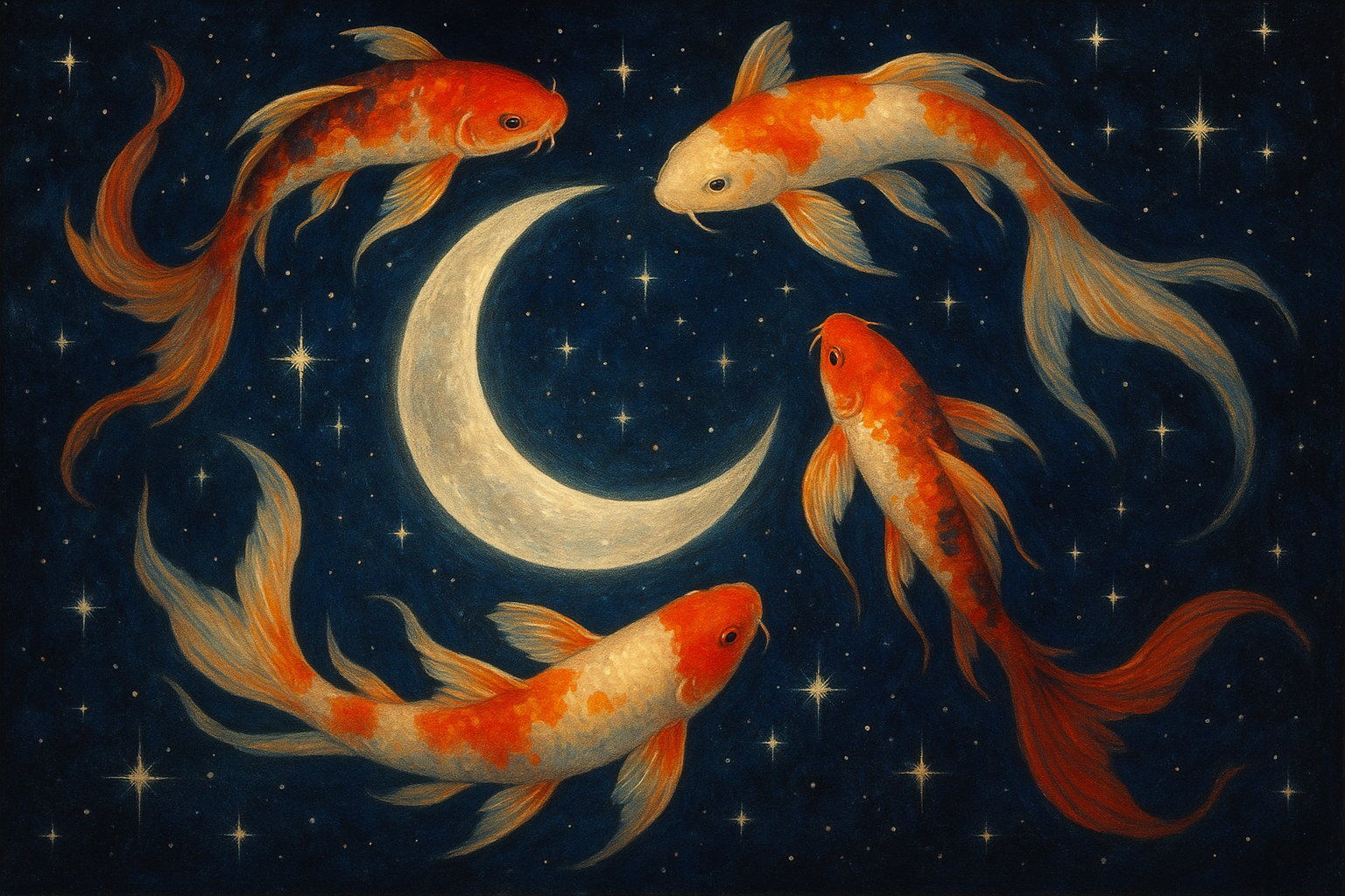 Artwork of koi fish swimming around a crescent moon in the night sky full of twinkling stars